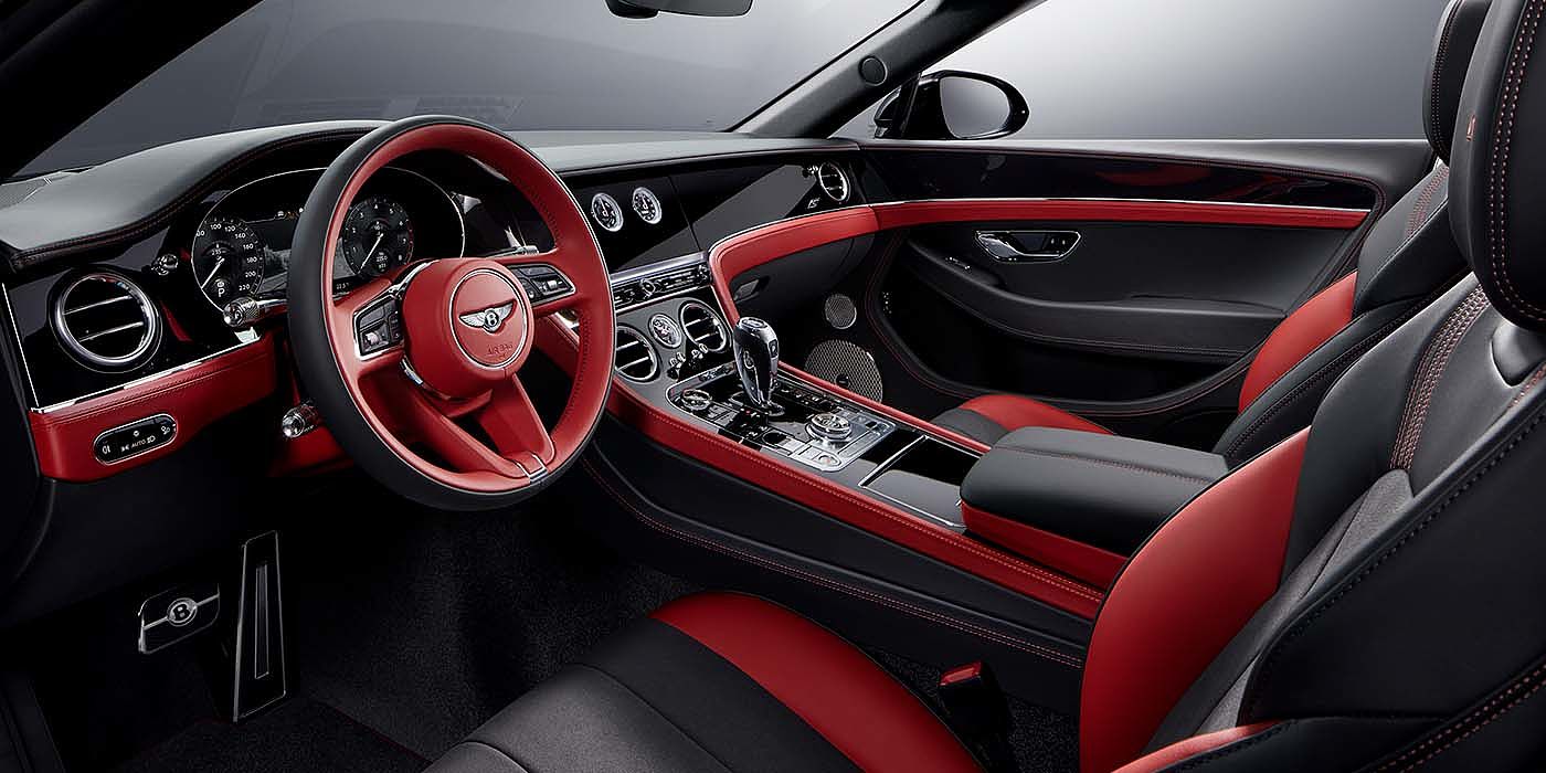 Bentley Leicester Bentley Continental GTC S convertible front interior in Beluga black and Hotspur red hide with high gloss carbon fibre veneer