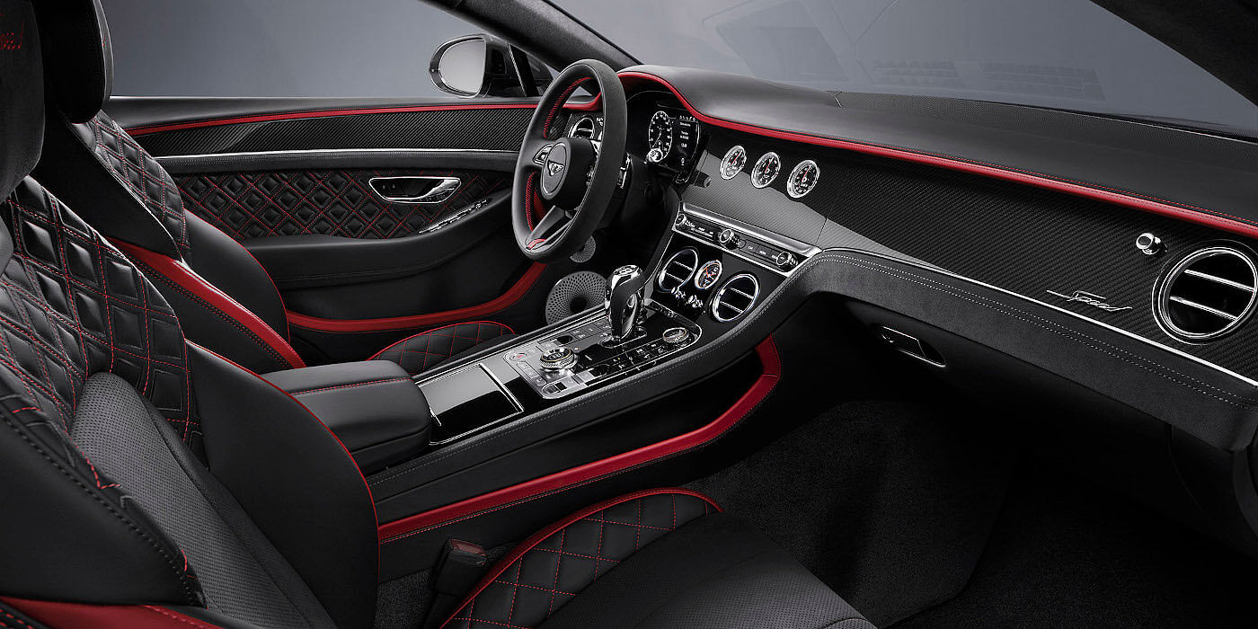 Bentley Leicester Bentley Continental GT Speed coupe front interior in Beluga black and Hotspur red hide