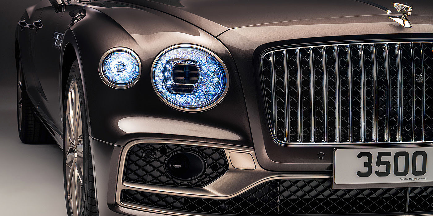 Bentley Leicester Bentley Flying Spur Odyssean sedan front grille and illuminated led lamps with Brodgar brown paint