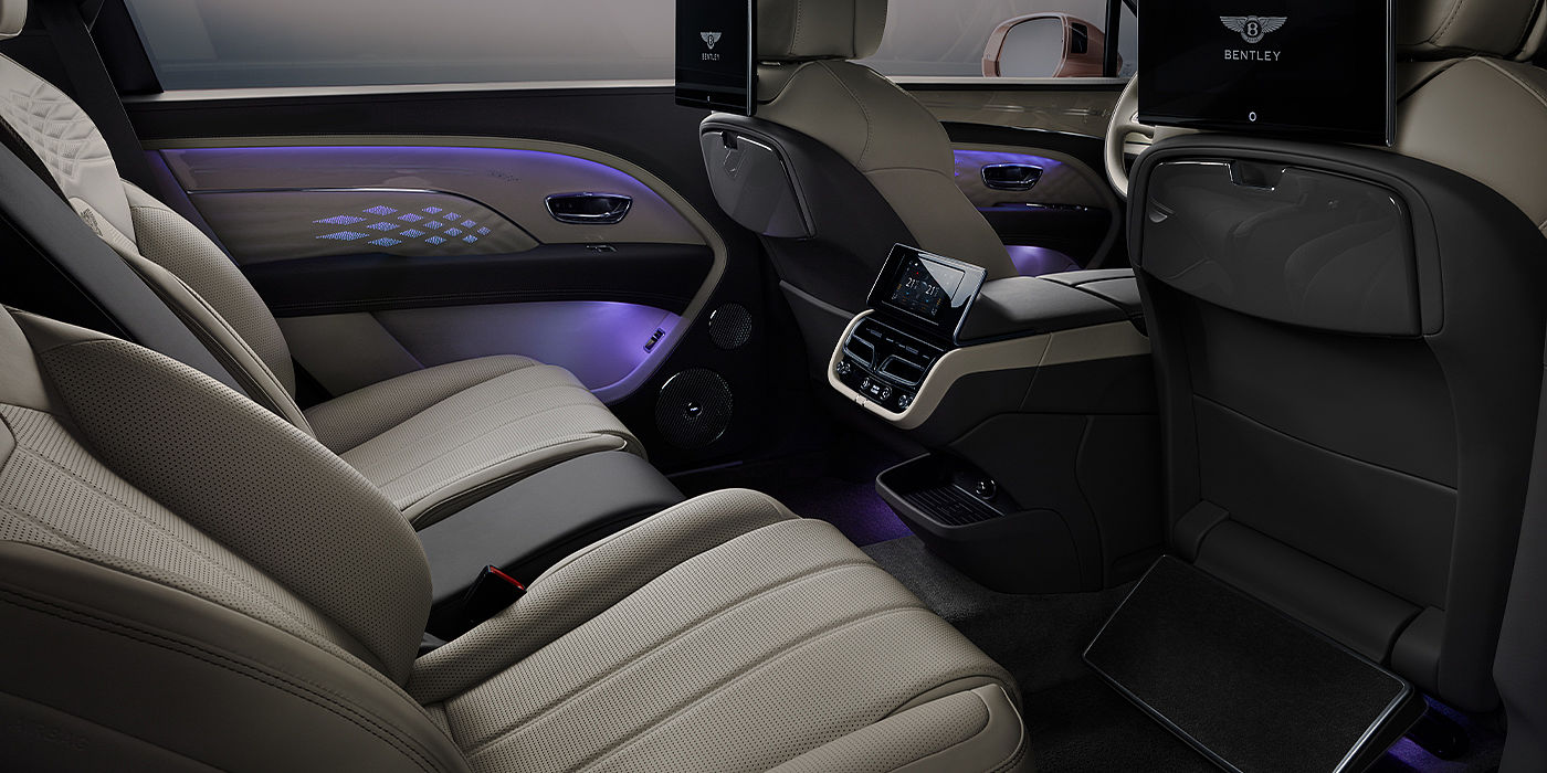 Bentley Leicester Bentley Bentayga EWB Azure SUV rear interior with Bentley Diamond Illumination