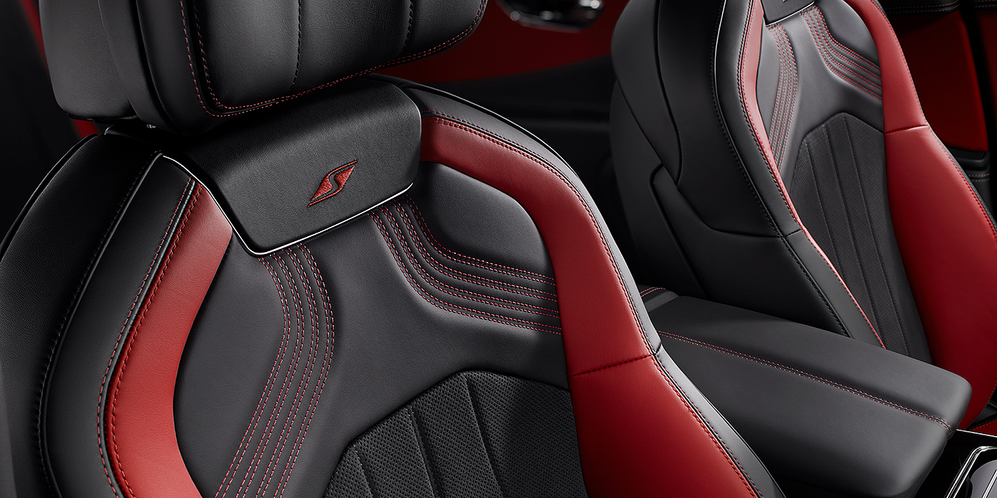 Bentley Leicester Bentley Flying Spur S seat in Beluga black and hotspur red hide with S emblem stitching
