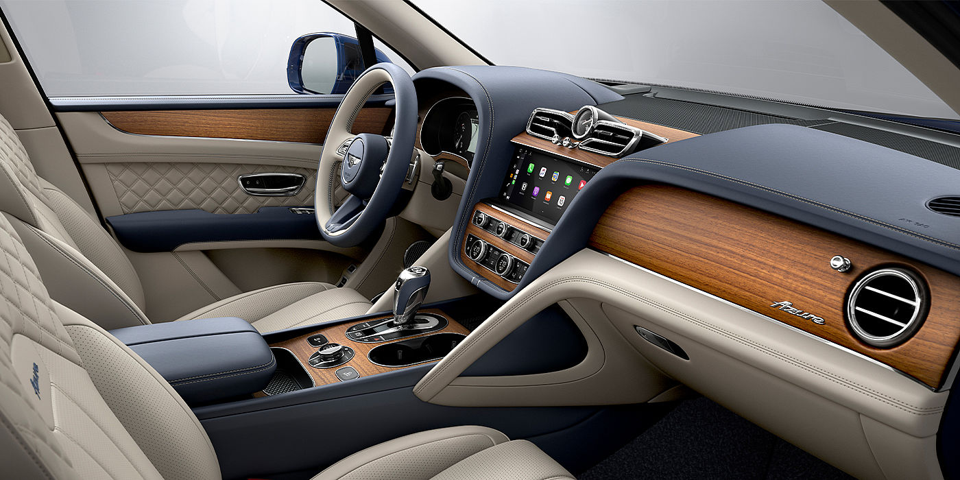 Bentley Leicester Bentley Bentayga Azure SUV front interior in Imperial Blue and Linen hide