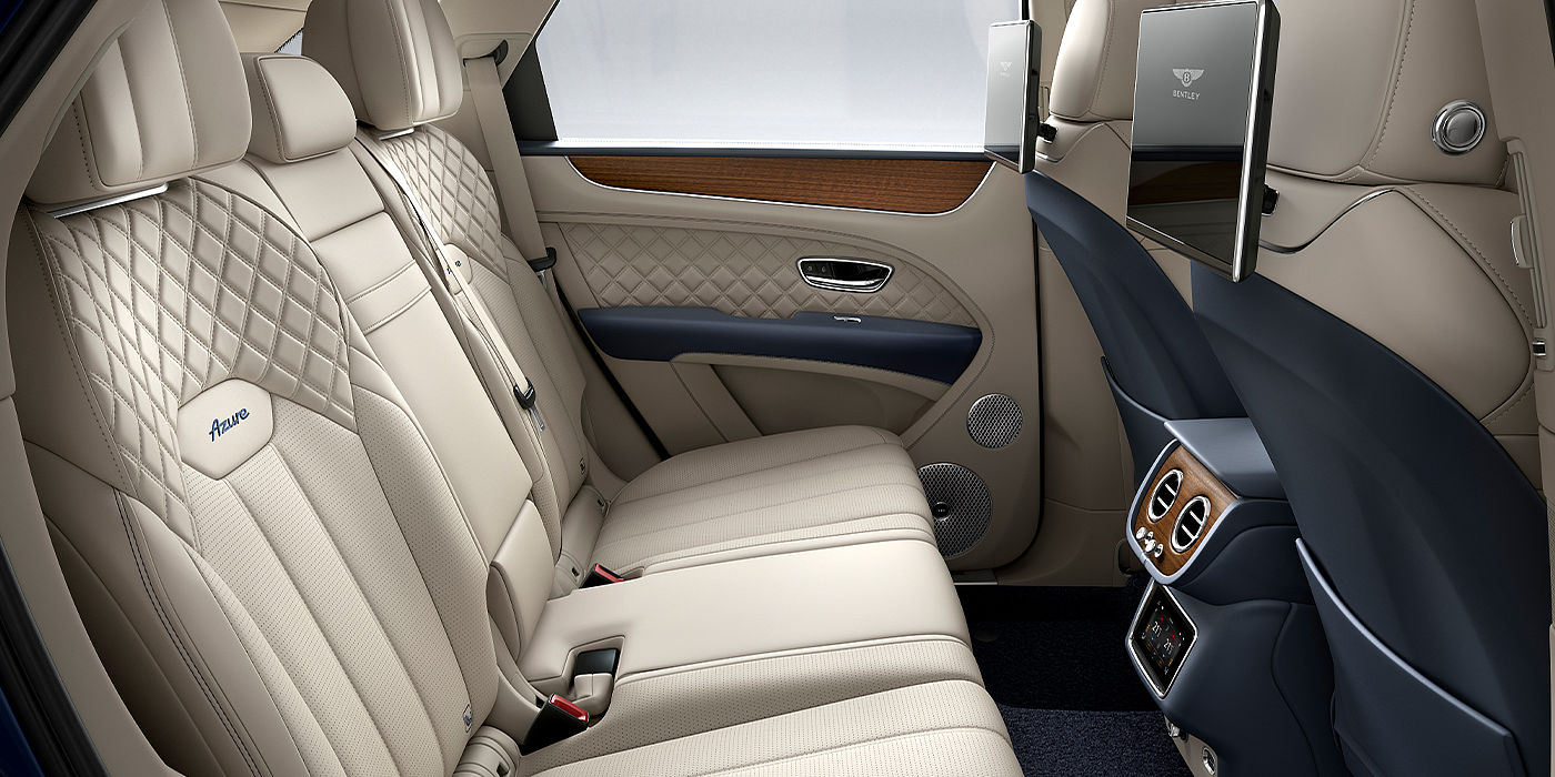 Bentley Leicester Bentley Bentayga Azure SUV rear interior in Imperial Blue and Linen hide