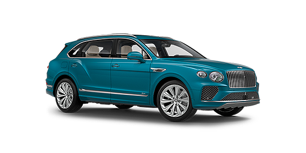 Bentley Leicester Bentley Bentayga EWB Azure front side angled view in Topaz blue coloured exterior. 