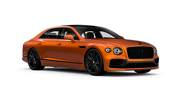 Bentley Leicester Bentley Flying Spur Speed front side angled view in Orange Flame coloured exterior. 