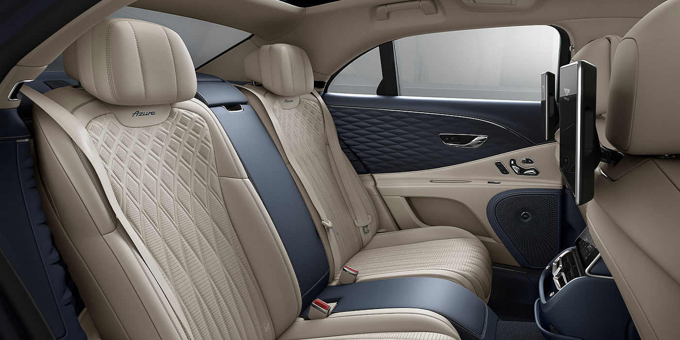 Bentley Leicester Bentley Flying Spur Azure sedan rear interior in Imperial Blue and Linen hide