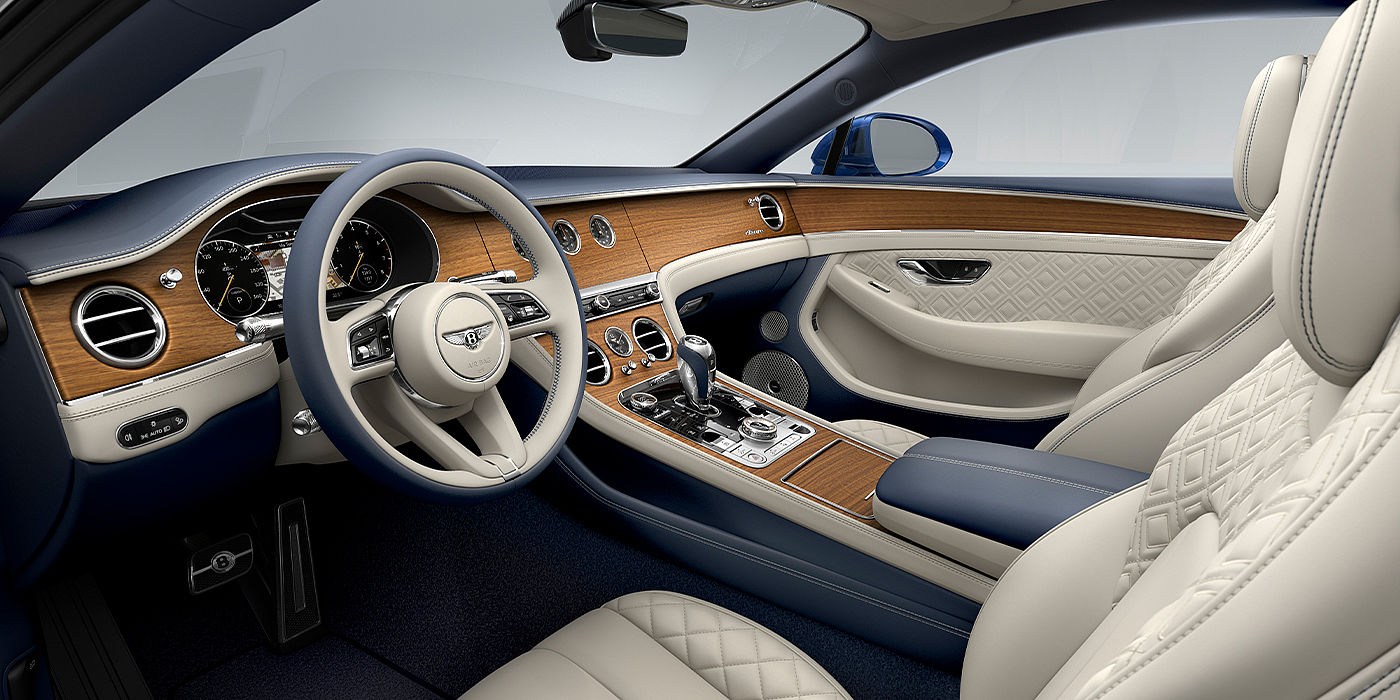 Bentley Leicester Bentley Continental GT Azure coupe front interior in Imperial Blue and linen hide