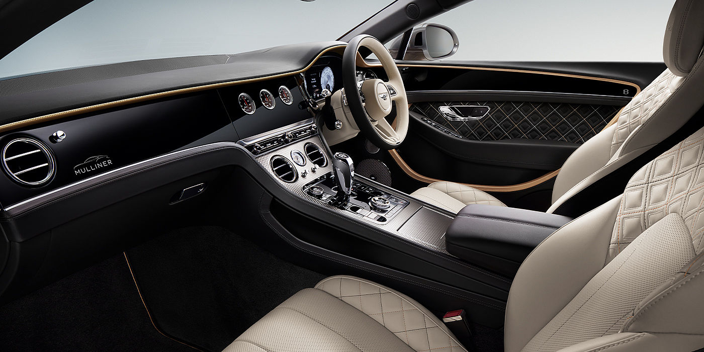 Bentley Leicester Bentley Continental GT Mulliner coupe front interior in Beluga black and Linen hide