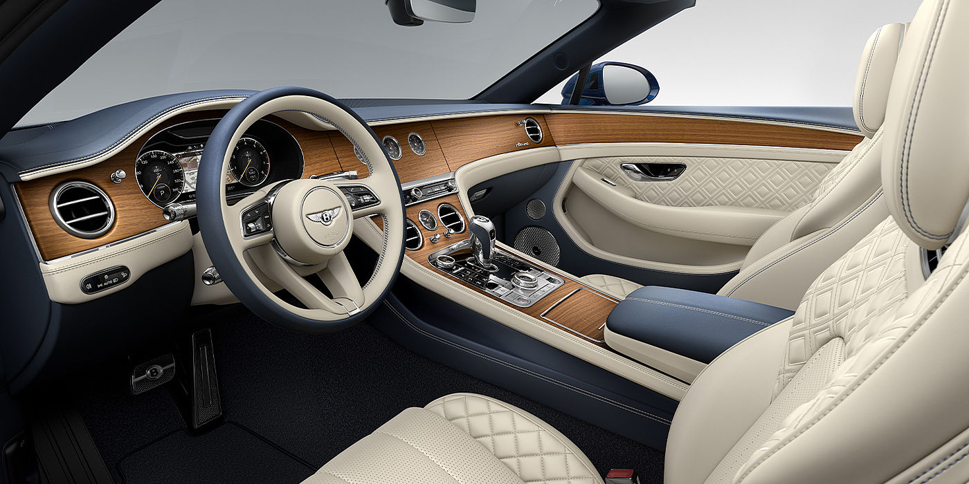 Bentley Leicester Bentley Continental GTC Azure convertible front interior in Imperial Blue and Linen hide