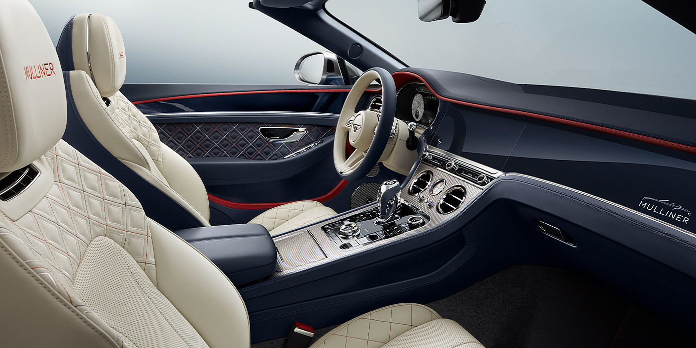 Bentley Leicester Bentley Continental GTC Mulliner convertible front interior in Imperial Blue and Linen hide