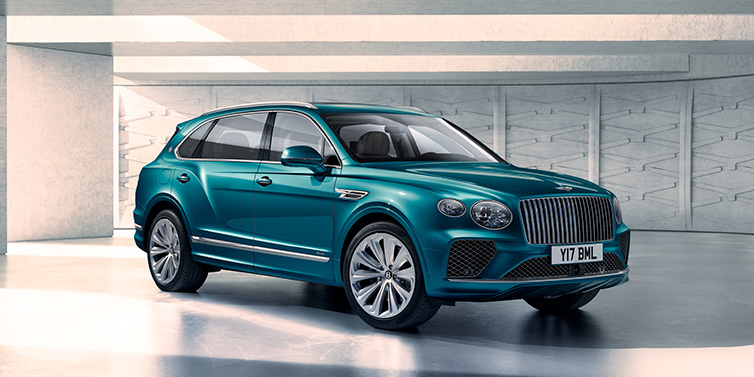 Bentley Leicester Bentley Bentayga Extended Wheelbase Azure SUV front three quarter in Topaz blue paint colour with a grey background