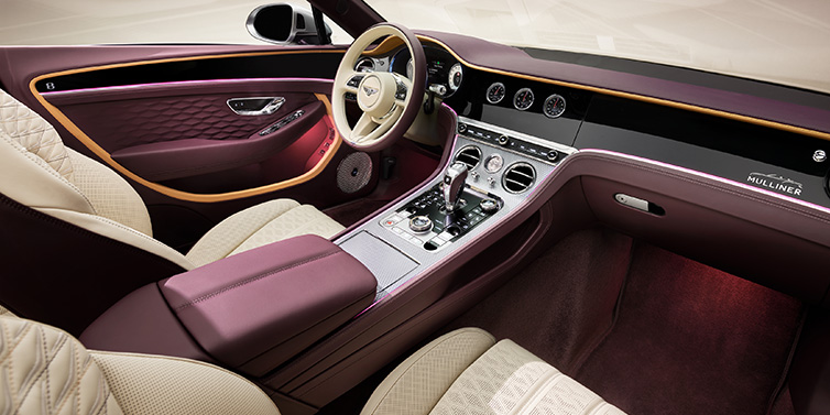 Bentley Leicester Bentley Continental GTC Mulliner convertible front interior including Linen and Damson purple hides and Grand Black veneer