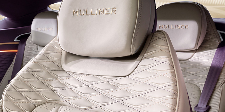 Bentley Leicester Bentley Continental GT Mulliner coupe seat detail in Linen leather with Mulliner Diamond in Diamond quilting and Mulliner embroidered seat emblem